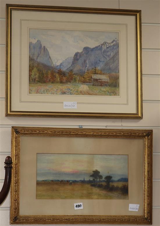 Two watercolours, one of a mountain valley scene, the other cattle grazing in a field, largest 24 x 34cm